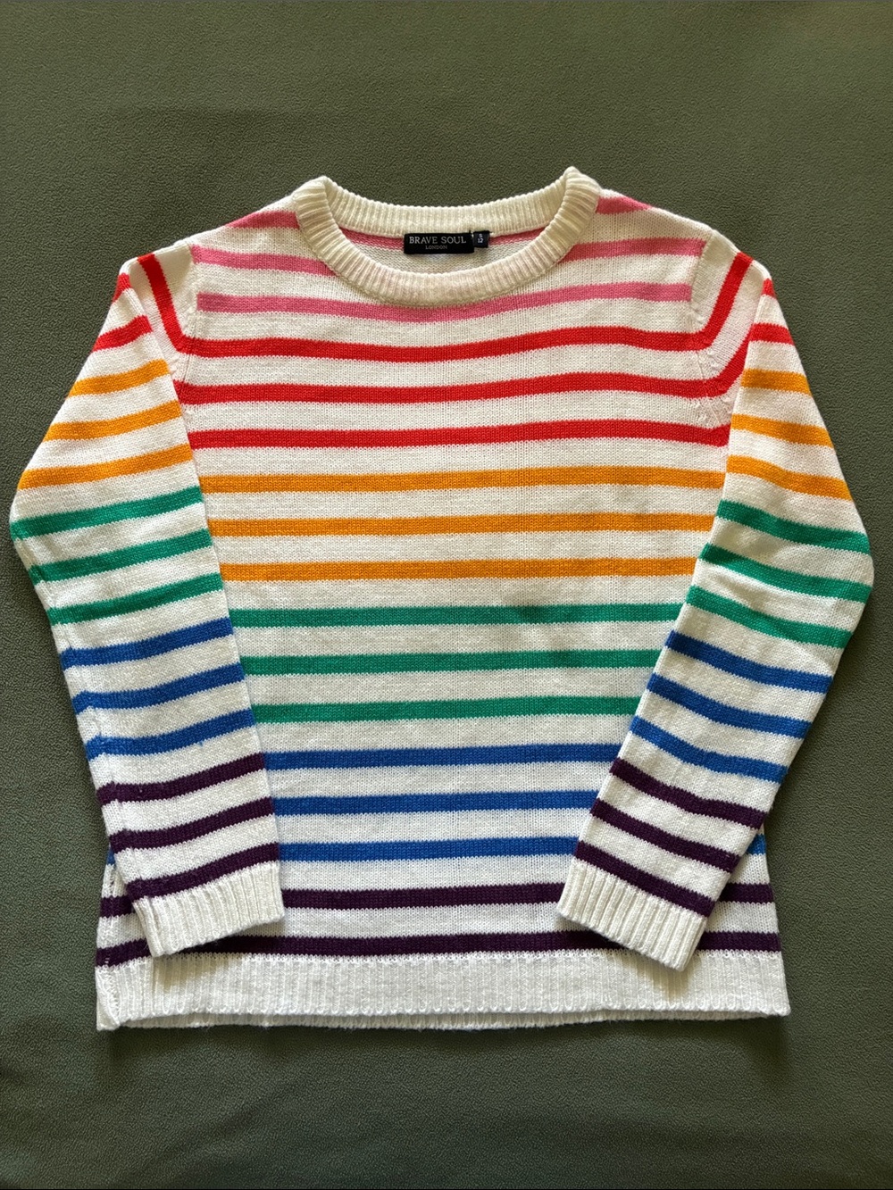 Brave Soul Cream Sweater with Rainbow Stripes